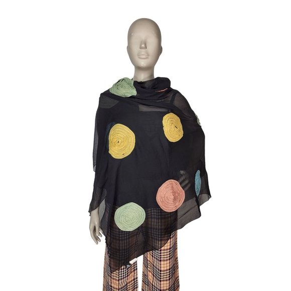 100% Silk Black Spiral Circle Pattern Rectangle Scarf Shawl Wrap 65"x41" - Picture 7 of 9